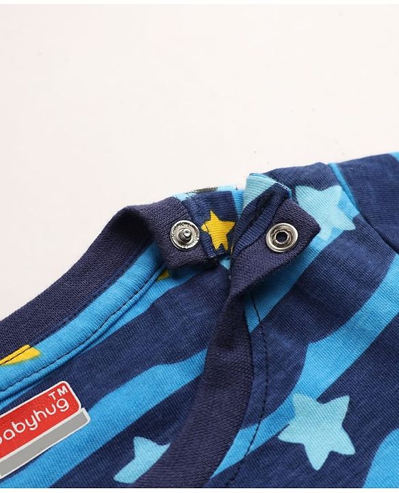 Babyhug Cotton Knit Full Sleeves Co-ord T-Shirt & Pajama Night Suit with Waves & Shark Print - Blue