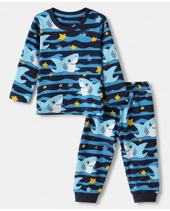 Babyhug Cotton Knit Full Sleeves Co-ord T-Shirt & Pajama Night Suit with Waves & Shark Print - Blue