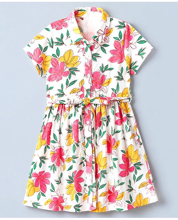 Pine Kids 100% Cotton Knit Fit & Flare Shirt Style Half Sleeves Dress with Belt and Floral Print - White