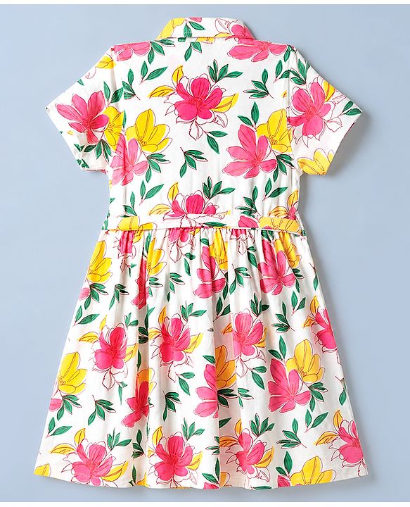 Pine Kids 100% Cotton Knit Fit & Flare Shirt Style Half Sleeves Dress with Belt and Floral Print - White