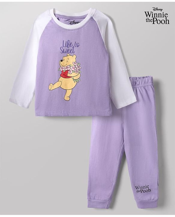 Babyhug Disney 100% Cotton Single Jersey Knit Full Sleeves T-Shirt & Pajama Night Suit with Winnie The Pooh Graphic Print - White & Purple