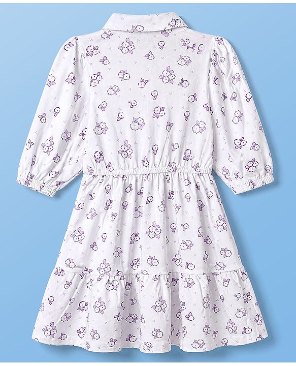 Pine Kids 100% Cotton Knit Full Sleeves One Piece Dress With Floral Print - White