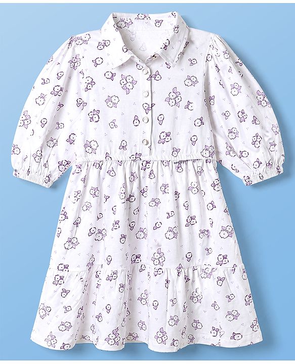 Pine Kids 100% Cotton Knit Full Sleeves One Piece Dress With Floral Print - White