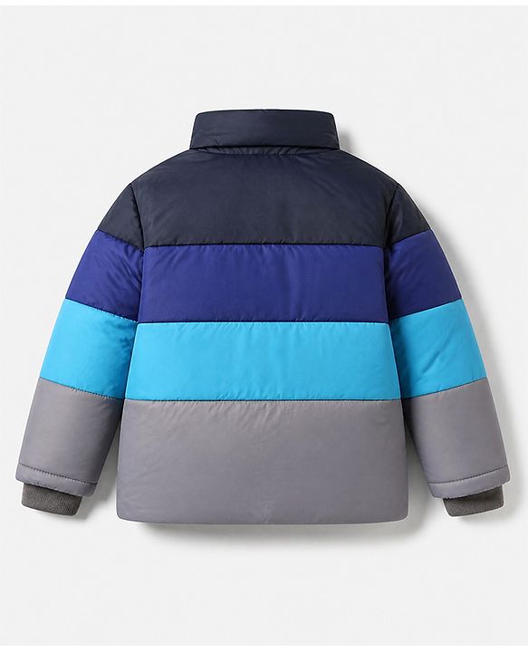 Babyhug Woven Hooded Padded Quilted Winter Jacket with Full Sleeves and 9 Embroidered Patch with Cut & Sew - Navy Blue
