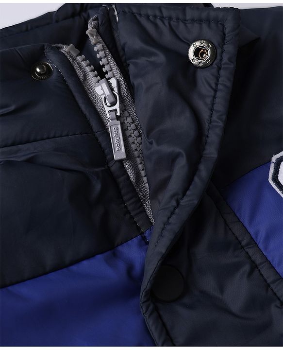 Babyhug Woven Hooded Padded Quilted Winter Jacket with Full Sleeves and 9 Embroidered Patch with Cut & Sew - Navy Blue