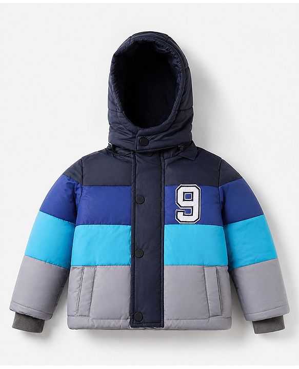 Babyhug Woven Hooded Padded Quilted Winter Jacket with Full Sleeves and 9 Embroidered Patch with Cut & Sew - Navy Blue