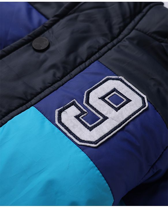 Babyhug Woven Hooded Padded Quilted Winter Jacket with Full Sleeves and 9 Embroidered Patch with Cut & Sew - Navy Blue