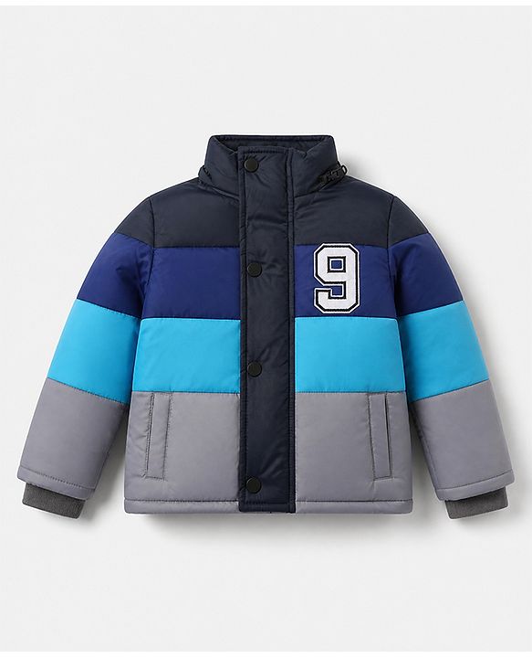 Babyhug Woven Hooded Padded Quilted Winter Jacket with Full Sleeves and 9 Embroidered Patch with Cut & Sew - Navy Blue
