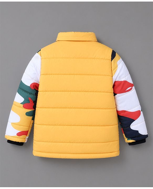 Babyhug Woven Full Sleeves Padded Quilted Winter Jacket with Detachable Hood & Mountain Landscape Print - Yellow