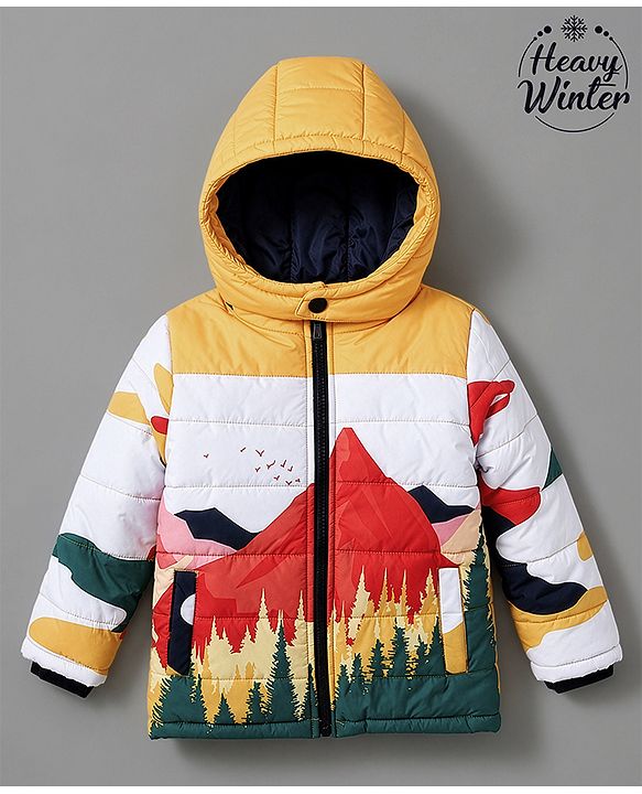 Babyhug Woven Full Sleeves Padded Quilted Winter Jacket with Detachable Hood & Mountain Landscape Print - Yellow