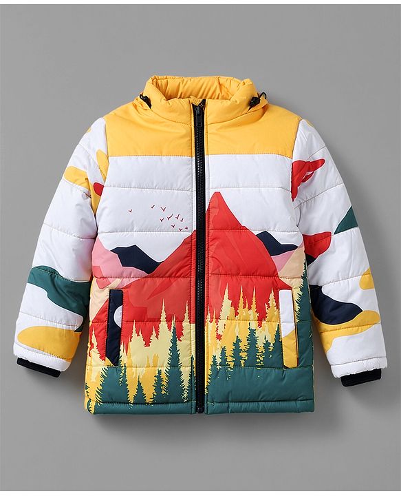 Babyhug Woven Full Sleeves Padded Quilted Winter Jacket with Detachable Hood & Mountain Landscape Print - Yellow