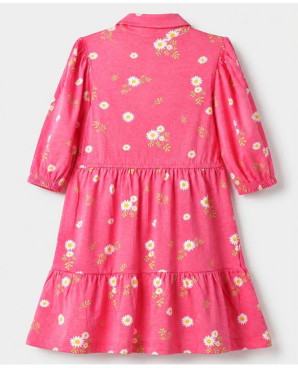 Pine Kids 100% Cotton Knit Full Sleeves Frock with Daisy Print in Pink