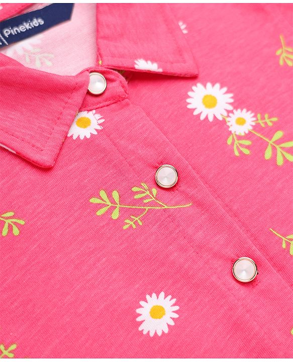 Pine Kids 100% Cotton Knit Full Sleeves Frock with Daisy Print in Pink