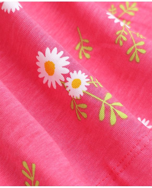Pine Kids 100% Cotton Knit Full Sleeves Frock with Daisy Print in Pink