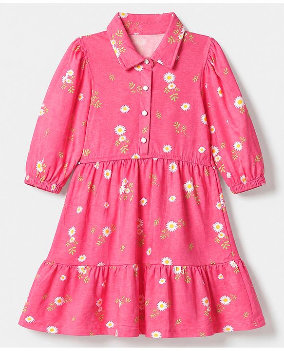 Pine Kids 100% Cotton Knit Full Sleeves Frock with Daisy Print in Pink