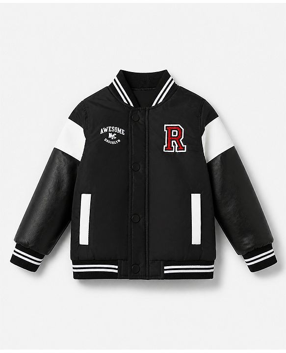 Babyhug Woven Full Sleeves Bomber Jacket with Letter R Embroidery - Black