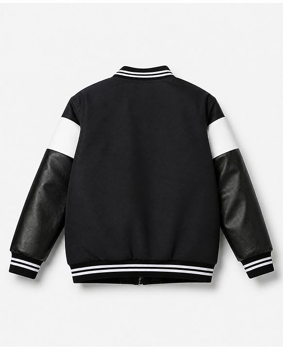 Babyhug Woven Full Sleeves Bomber Jacket with Letter R Embroidery - Black