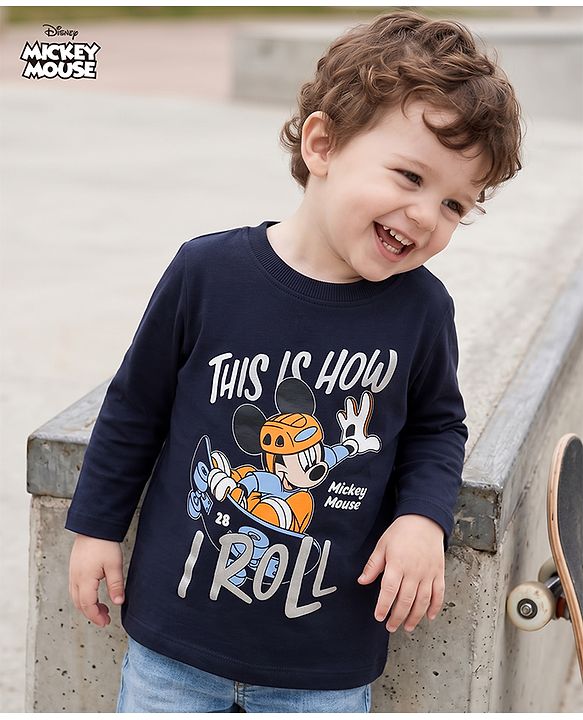 Babyhug Disney 100% Cotton Single Jersey Knit T-Shirt with Full Sleeves and This is How I Roll Text with Mickey Mouse Print - Navy Blue