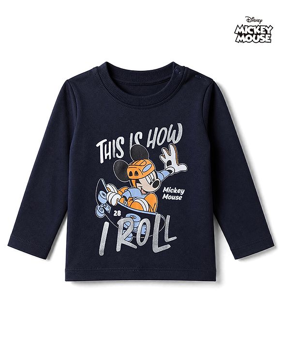Babyhug Disney 100% Cotton Single Jersey Knit T-Shirt with Full Sleeves and This is How I Roll Text with Mickey Mouse Print - Navy Blue