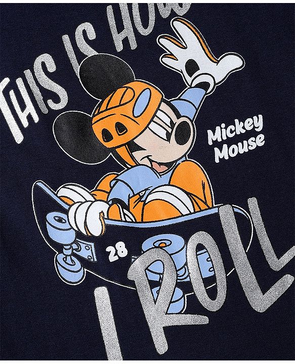 Babyhug Disney 100% Cotton Single Jersey Knit T-Shirt with Full Sleeves and This is How I Roll Text with Mickey Mouse Print - Navy Blue