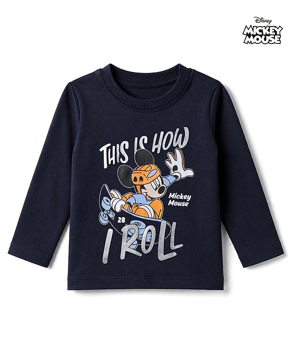 Babyhug Disney 100% Cotton Single Jersey Knit T-Shirt with Full Sleeves and This is How I Roll Text with Mickey Mouse Print - Navy Blue