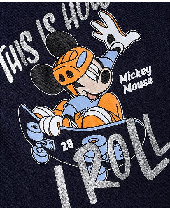 Babyhug Disney 100% Cotton Single Jersey Knit T-Shirt with Full Sleeves and This is How I Roll Text with Mickey Mouse Print - Navy Blue