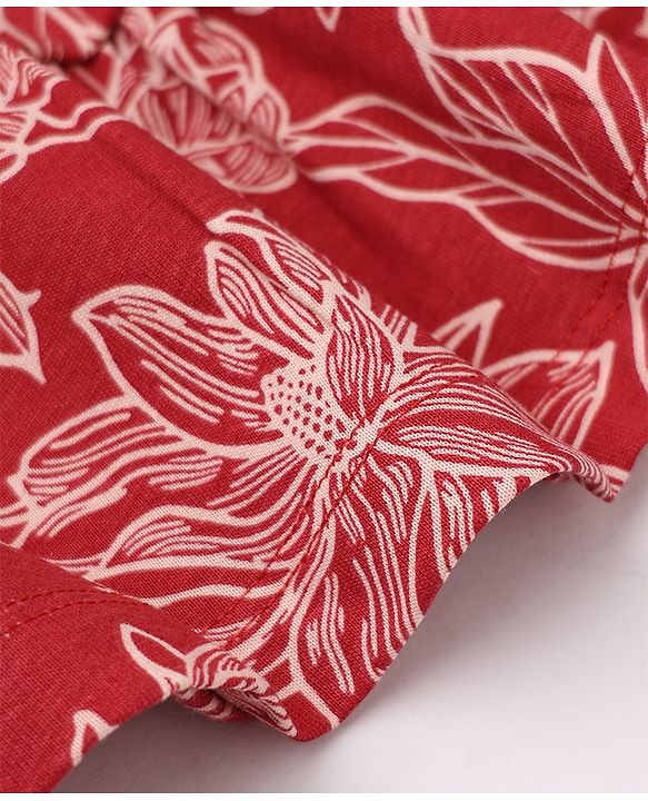 Pine Kids 100% Cotton Knit Dress with Full Sleeves and Floral Print in Red for 4-5 Years