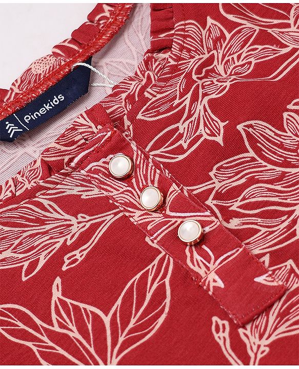 Pine Kids 100% Cotton Knit Dress with Full Sleeves and Floral Print in Red for 4-5 Years