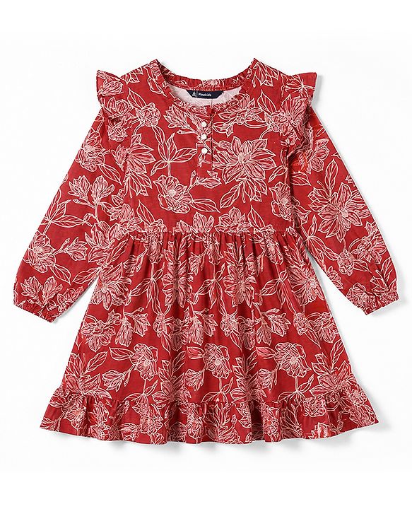Pine Kids 100% Cotton Knit Dress with Full Sleeves and Floral Print in Red for 4-5 Years