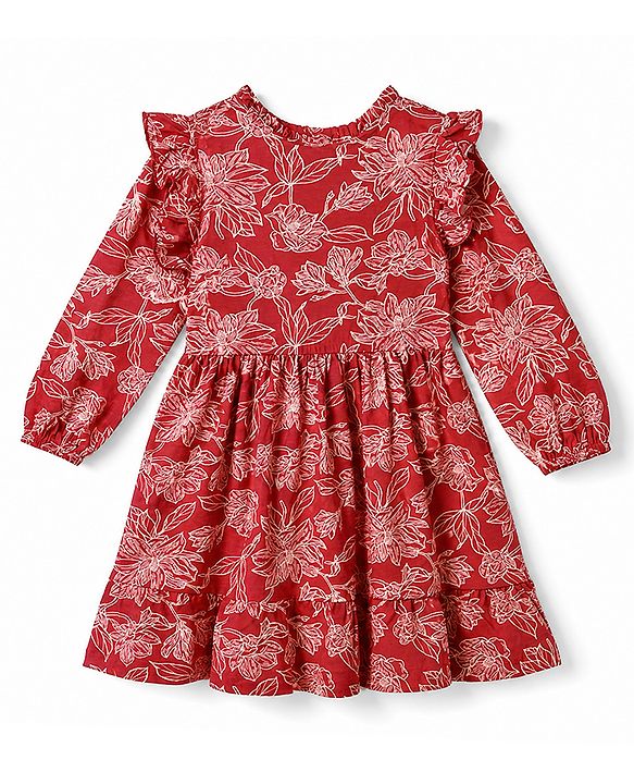 Pine Kids 100% Cotton Knit Dress with Full Sleeves and Floral Print in Red for 4-5 Years
