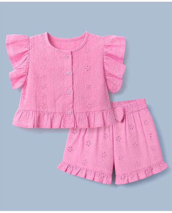 Babyhug 100% Cotton Schiffili Knit Half Frill Sleeves Top and Shorts with Eyelet Embroidery - Light Pink