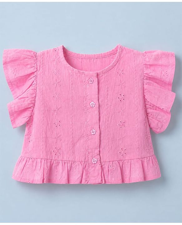 Babyhug 100% Cotton Schiffili Knit Half Frill Sleeves Top and Shorts with Eyelet Embroidery - Light Pink