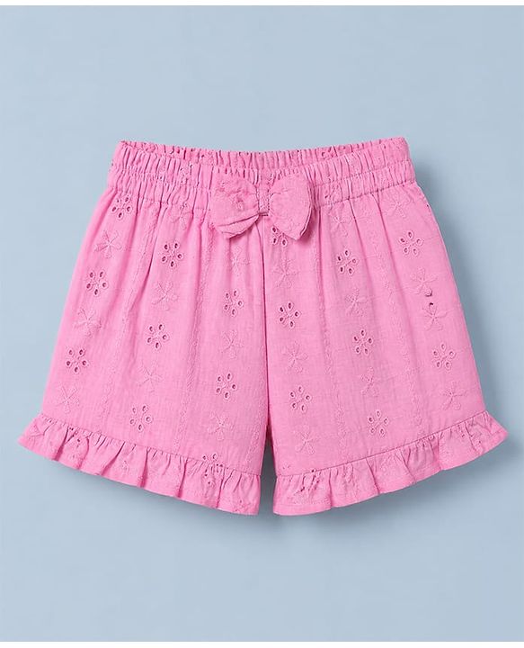 Babyhug 100% Cotton Schiffili Knit Half Frill Sleeves Top and Shorts with Eyelet Embroidery - Light Pink