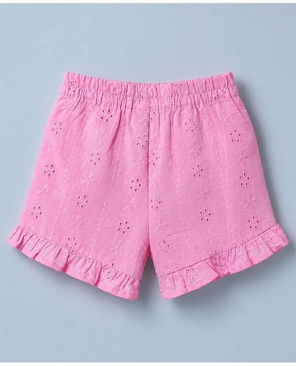 Babyhug 100% Cotton Schiffili Knit Half Frill Sleeves Top and Shorts with Eyelet Embroidery - Light Pink