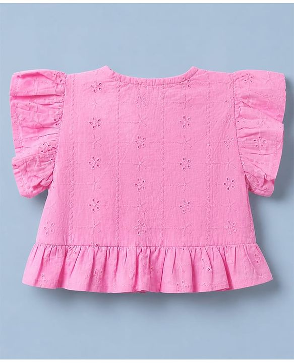 Babyhug 100% Cotton Schiffili Knit Half Frill Sleeves Top and Shorts with Eyelet Embroidery - Light Pink