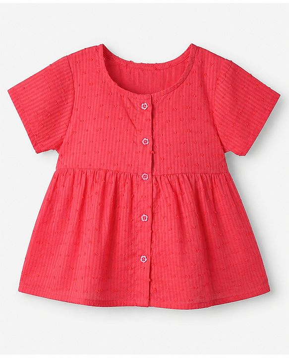Babyhug 100% Cotton Knit Top and Shorts with Half Sleeves and Dots Embroidery with Bow - Red
