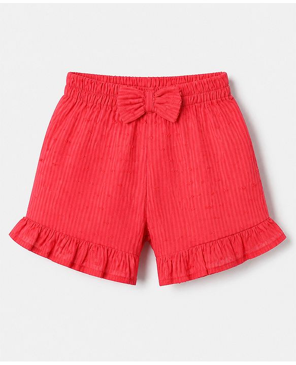 Babyhug 100% Cotton Knit Top and Shorts with Half Sleeves and Dots Embroidery with Bow - Red