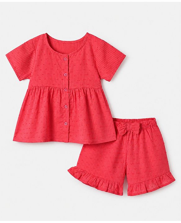 Babyhug 100% Cotton Knit Top and Shorts with Half Sleeves and Dots Embroidery with Bow - Red