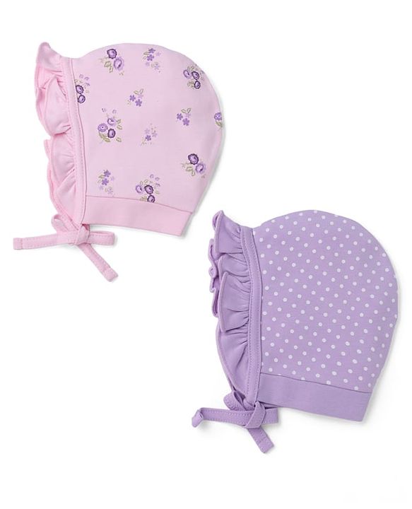 Babyhug 100% Cotton Interlock Knit Polka Dots & Floral Printed Cap Pack of 2 - Pink & Purple