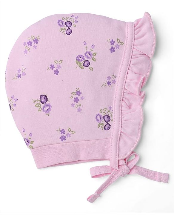 Babyhug 100% Cotton Interlock Knit Polka Dots & Floral Printed Cap Pack of 2 - Pink & Purple