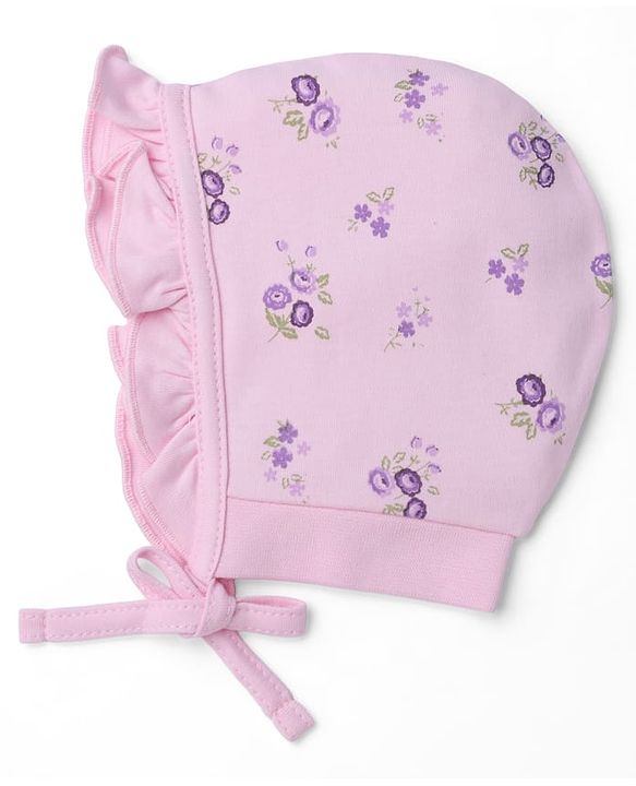 Babyhug 100% Cotton Interlock Knit Polka Dots & Floral Printed Cap Pack of 2 - Pink & Purple