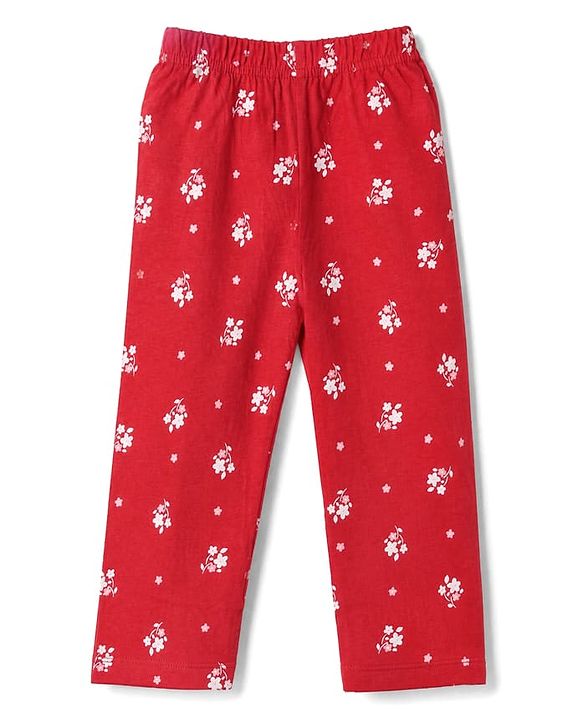 Babyhug 100% Cotton Knit Full Sleeves Co-Ords Top & Pyjama Night Suit with Floral Print & Bow Applique - Red