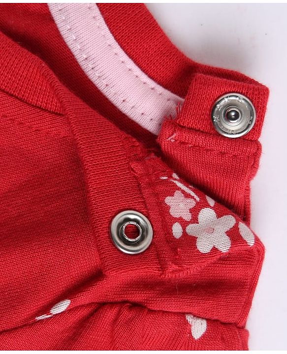Babyhug 100% Cotton Knit Full Sleeves Co-Ords Top & Pyjama Night Suit with Floral Print & Bow Applique - Red
