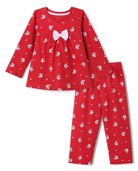 Babyhug 100% Cotton Knit Full Sleeves Co-Ords Top & Pyjama Night Suit with Floral Print & Bow Applique - Red