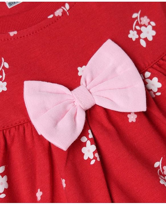 Babyhug 100% Cotton Knit Full Sleeves Co-Ords Top & Pyjama Night Suit with Floral Print & Bow Applique - Red
