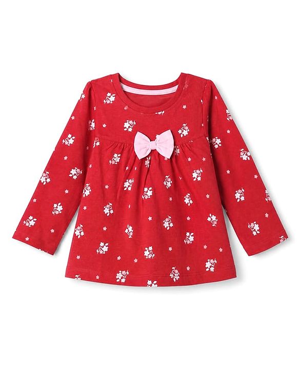 Babyhug 100% Cotton Knit Full Sleeves Co-Ords Top & Pyjama Night Suit with Floral Print & Bow Applique - Red