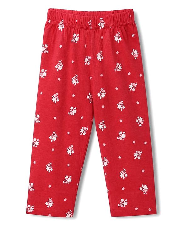 Babyhug 100% Cotton Knit Full Sleeves Co-Ords Top & Pyjama Night Suit with Floral Print & Bow Applique - Red