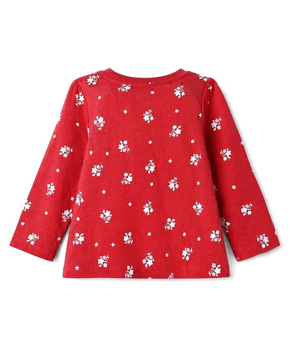 Babyhug 100% Cotton Knit Full Sleeves Co-Ords Top & Pyjama Night Suit with Floral Print & Bow Applique - Red