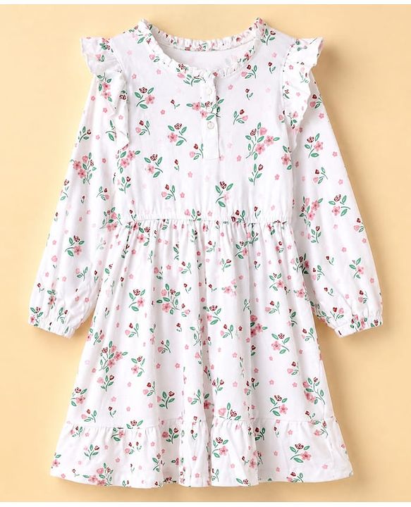 Pine Kids 100% Cotton Knit Fit & Flare Dress with Full Sleeves and Frill Details & Floral Print - White