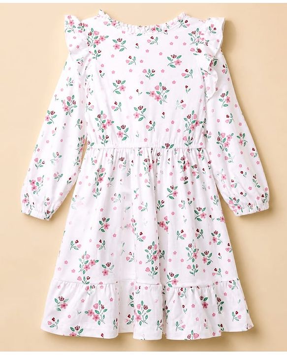 Pine Kids 100% Cotton Knit Fit & Flare Dress with Full Sleeves and Frill Details & Floral Print - White